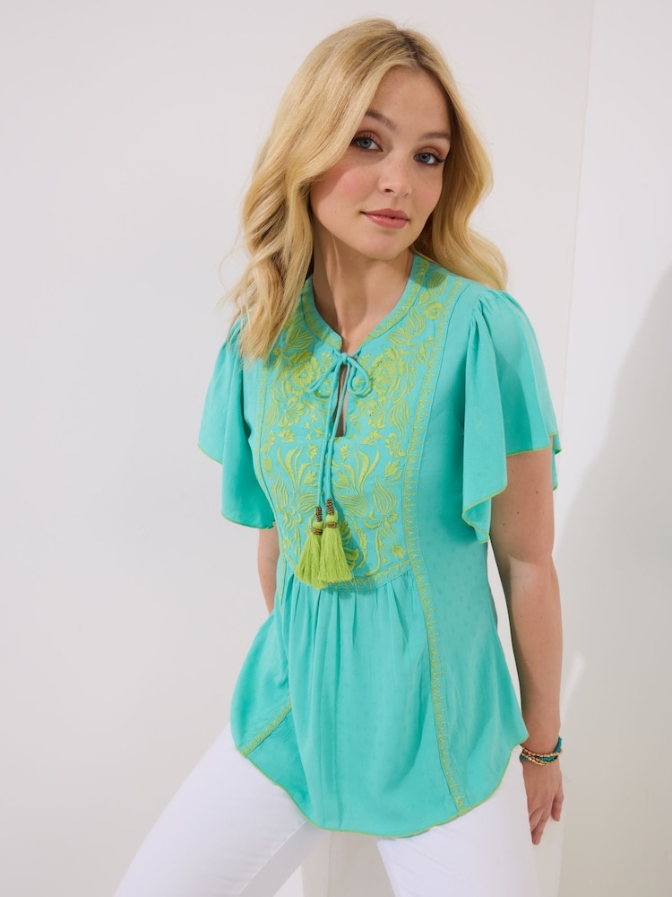 Joe Browns Green Lightweight Boho Embroidered Floaty Sleeve Top - Image 1 of 5