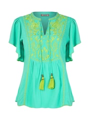 Joe Browns Green Lightweight Boho Embroidered Floaty Sleeve Top - Image 5 of 5