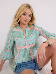 Joe Browns Green Relaxed Fit Neon Striped V-Neck Top - Image 4 of 6