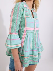 Joe Browns Green Relaxed Fit Neon Striped V-Neck Top - Image 5 of 6