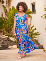 Joe Browns Blue Tropical Print Crinkle 100% Cotton Dress - Image 1 of 7