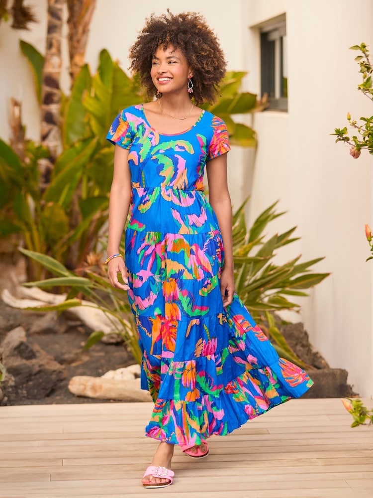 Joe Browns Blue Tropical Print Crinkle 100% Cotton Dress - Image 1 of 7