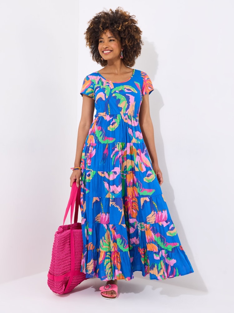 Joe Browns Blue Tropical Print Crinkle 100% Cotton Dress - Image 2 of 7