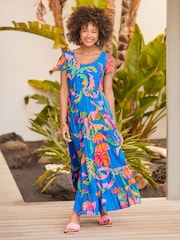 Joe Browns Blue Tropical Print Crinkle 100% Cotton Dress - Image 5 of 7