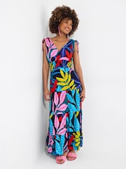 Joe Browns Blue Leaf Print Tie Shoulder Shirred Waist Maxi Dress - Image 1 of 6