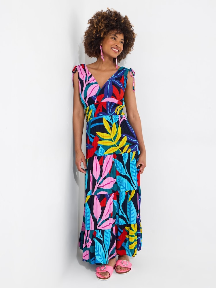 Joe Browns Blue Leaf Print Tie Shoulder Shirred Waist Maxi Dress - Image 1 of 6