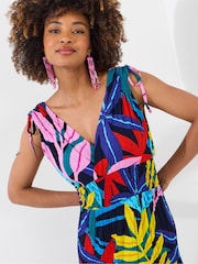Joe Browns Blue Leaf Print Tie Shoulder Shirred Waist Maxi Dress - Image 2 of 6