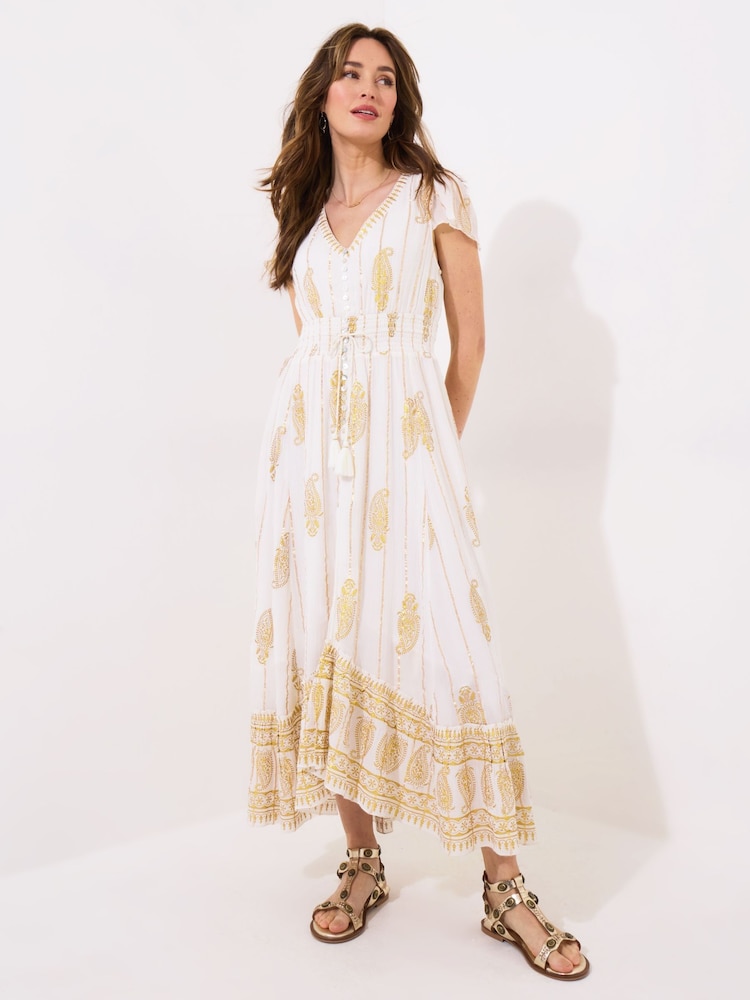 Joe Browns White Summer Evening Cap Sleeve Shirred Waist Crinkle Dress - Image 1 of 5