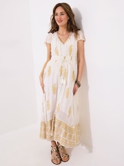 Joe Browns White Summer Evening Cap Sleeve Shirred Waist Crinkle Dress - Image 3 of 5