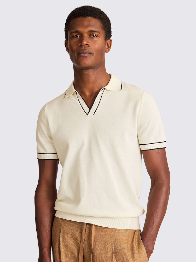 Natur - MOSS Contrast Placket Skipper 100% Cotton Polo Shirt - Bild 1 von 3