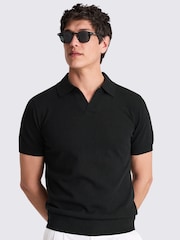 MOSS Black Linen Blend Skipper Polo Shirt - Image 1 of 4