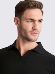 MOSS Black Linen Blend Skipper Polo Shirt - Image 3 of 4