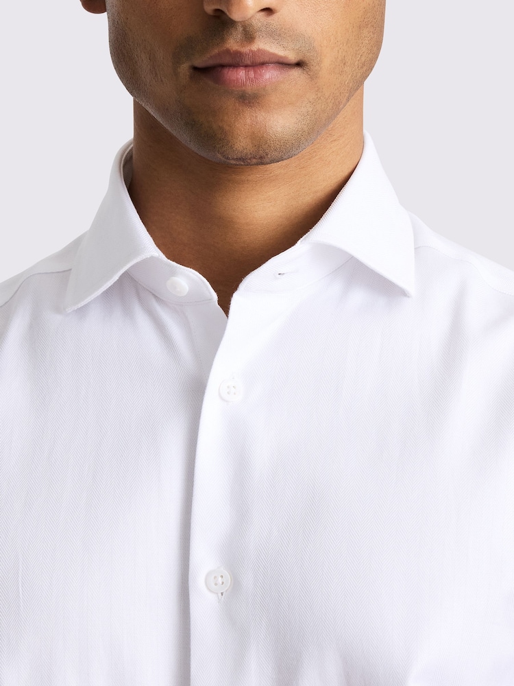 MOSS White Tailored Fit Herringbone 100% Cotton Shirt - Image 2 of 4