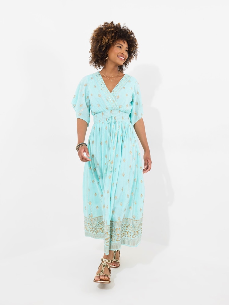 Joe Browns Sky Blue Petite Embellished Boho Border Trim Maxi Dress - Image 6 of 7