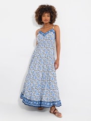 Joe Browns Blue Petite Border Print V-Neck Strappy Crinkle 100% Cotton Maxi Sundress - Image 1 of 5