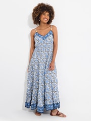 Joe Browns Blue Petite Border Print V-Neck Strappy Crinkle 100% Cotton Maxi Sundress - Image 3 of 5