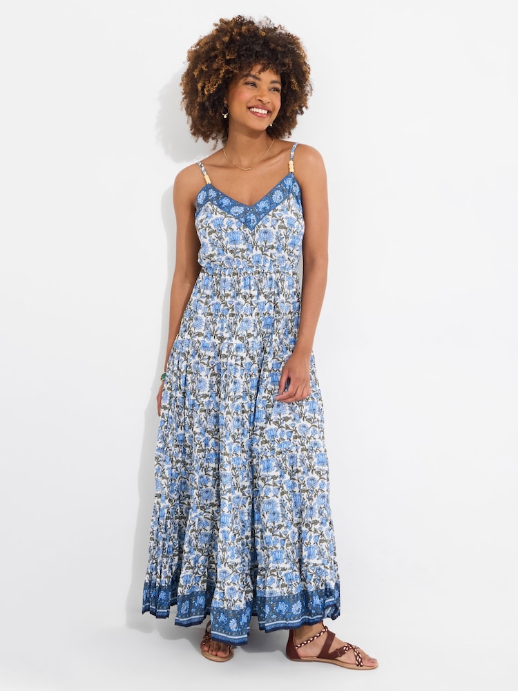 Joe Browns Blue Petite Border Print V-Neck Strappy Crinkle 100% Cotton Maxi Sundress - Image 3 of 5