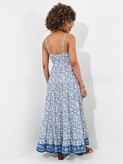 Joe Browns Blue Petite Border Print V-Neck Strappy Crinkle 100% Cotton Maxi Sundress - Image 4 of 5