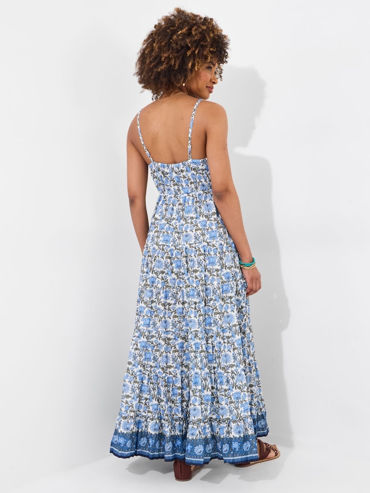 Joe Browns Blue Petite Border Print V-Neck Strappy Crinkle 100% Cotton Maxi Sundress - Image 4 of 5