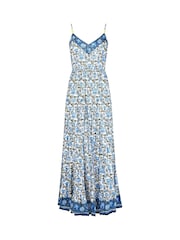 Joe Browns Blue Petite Border Print V-Neck Strappy Crinkle 100% Cotton Maxi Sundress - Image 5 of 5