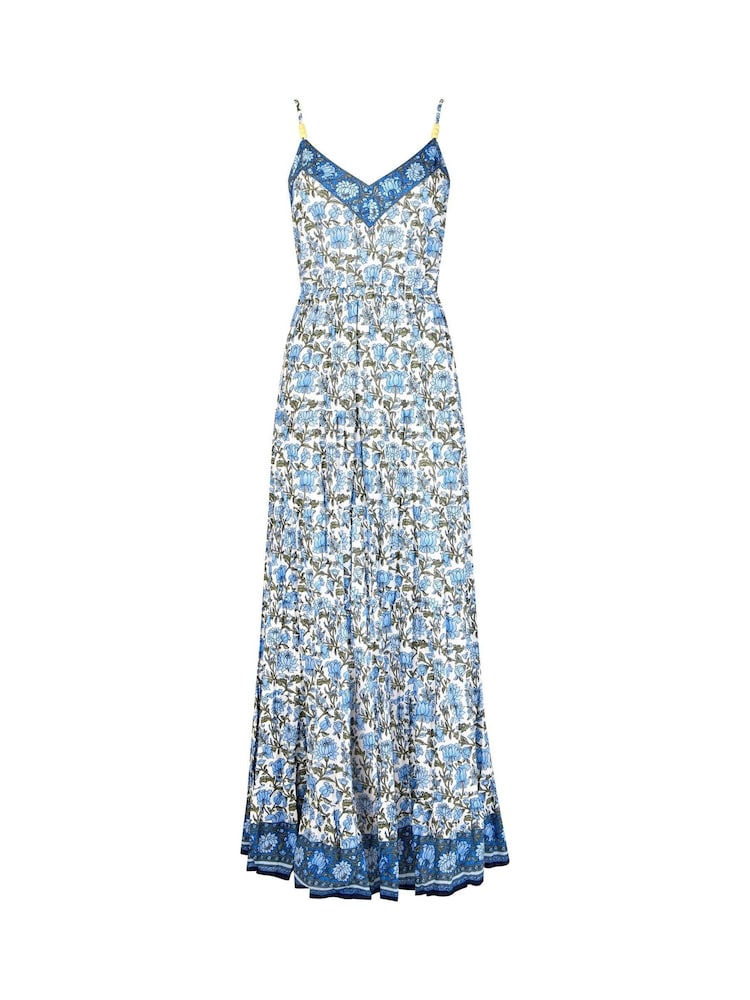 Joe Browns Blue Petite Border Print V-Neck Strappy Crinkle 100% Cotton Maxi Sundress - Image 5 of 5