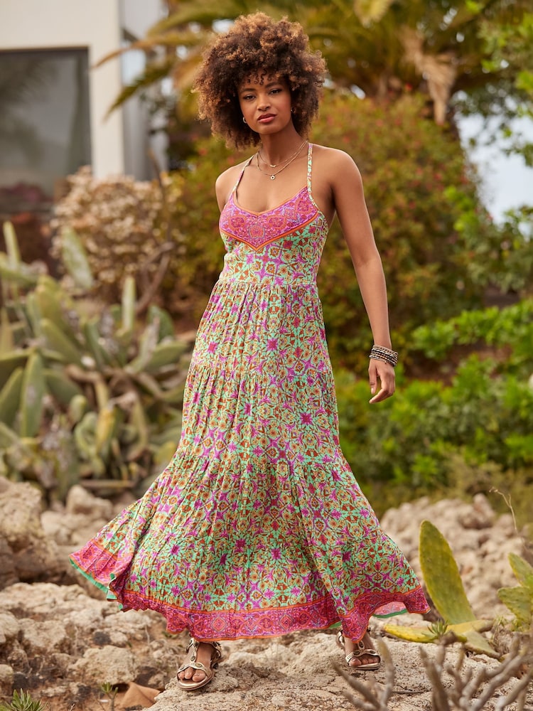 Joe Browns Green Petite Border Print V-Neck Strappy Maxi Dress - Image 1 of 7