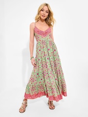 Joe Browns Green Petite Border Print V-Neck Strappy Maxi Dress - Image 3 of 7