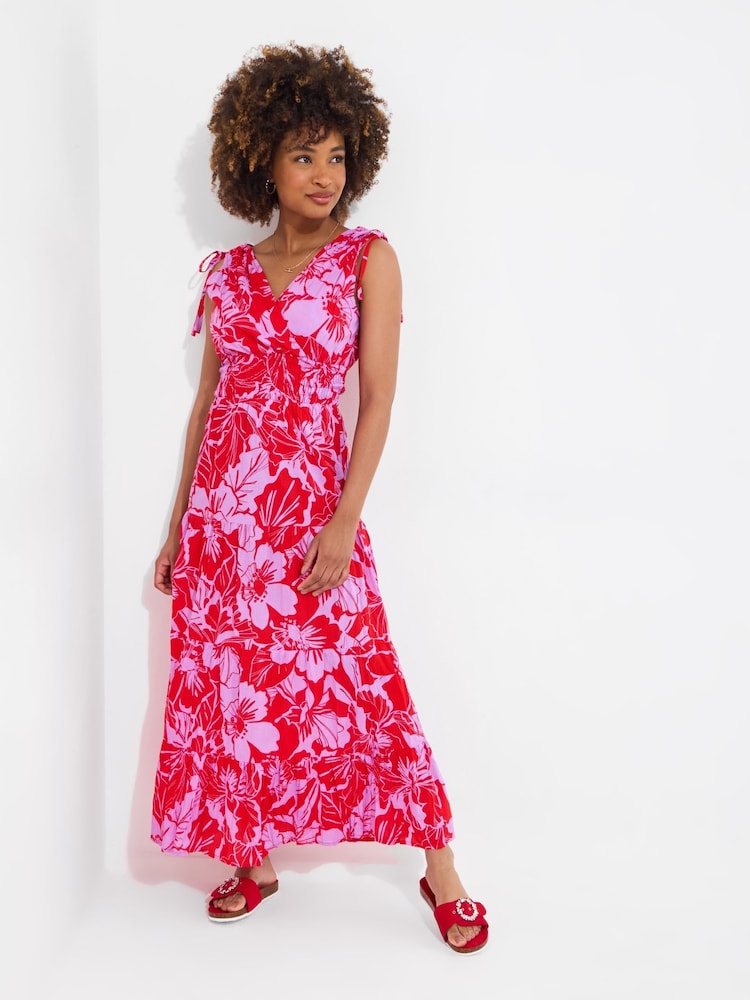 Joe Browns Red Petite Floral Print Sleeveless Tie Shoulder Cotton Maxi Dress - Image 2 of 7
