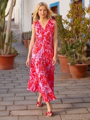Joe Browns Red Petite Floral Print Sleeveless Tie Shoulder Cotton Maxi Dress - Image 6 of 7