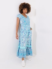 Joe Browns Blue Petite Button Detail Border Print Maxi Dress - Image 1 of 5