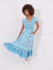 Joe Browns Blue Petite Button Detail Border Print Maxi Dress - Image 3 of 5