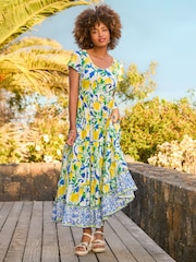 Joe Browns Green Petite Lemon Print Scoop Neck Crinkle 100% Cotton Dress - Image 2 of 7