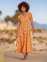 Joe Browns Yellow Petite Button Front Floral Print Tassel Maxi Dress - Image 1 of 7