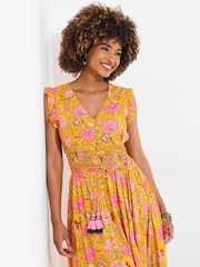 Joe Browns Yellow Petite Button Front Floral Print Tassel Maxi Dress - Image 3 of 7