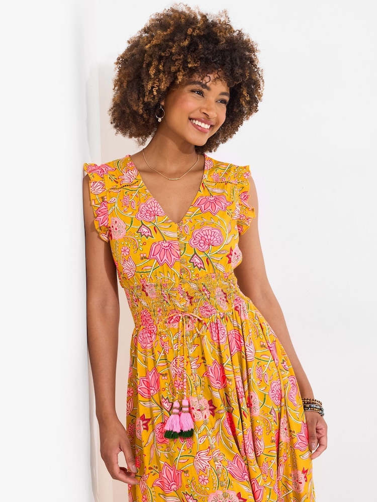 Joe Browns Yellow Petite Button Front Floral Print Tassel Maxi Dress - Image 3 of 7
