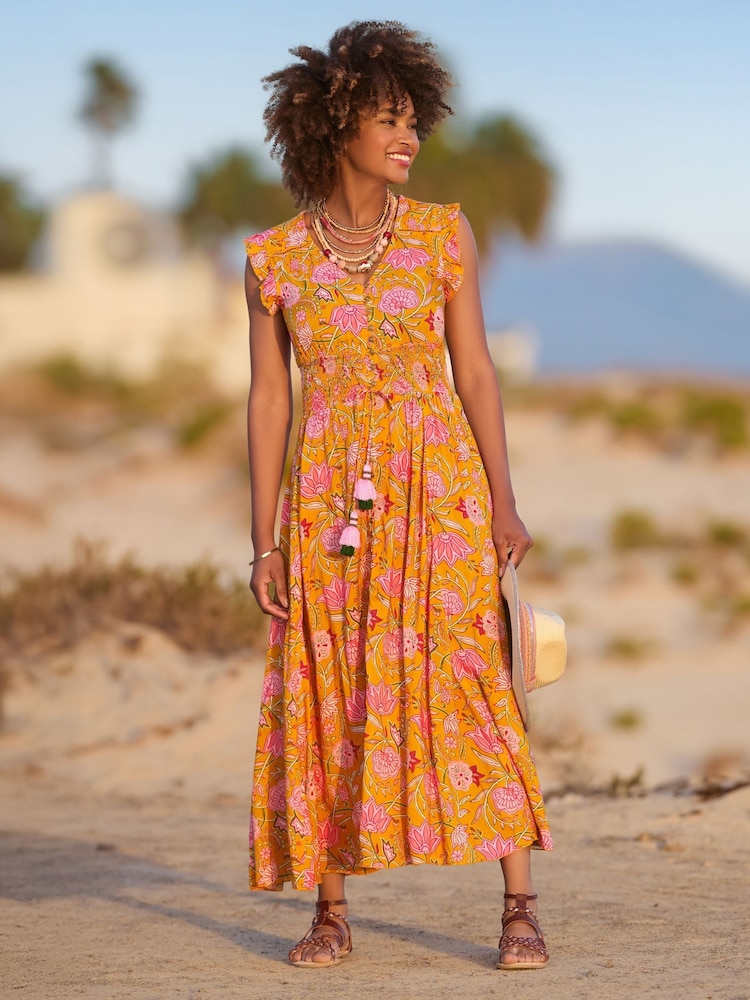 Joe Browns Yellow Petite Button Front Floral Print Tassel Maxi Dress - Image 5 of 7