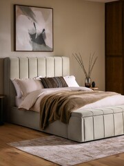 Soft Velvet Pebble Natural Stanton Upholstered Ottoman Storage Bed Frame with Ottoman Bench - Image 1 of 14