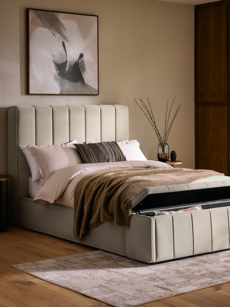 Soft Velvet Pebble Natural Stanton Upholstered Ottoman Storage Bed Frame with Ottoman Bench - Image 2 of 14 Soft Velvet Pebble Natural Stanton Upholstered Ottoman Storage Bed Frame with Ottoman Bench - Image 2 of 14