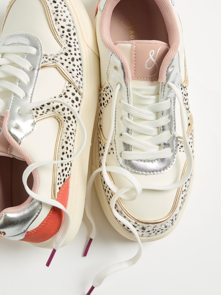 Love & Roses Multi White Spot Flatform Mix Material Comfort Retro Low Top Trainers - Image 2 of 6