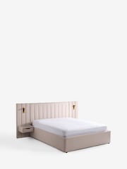 Tweedy Plain Blush Pink Mayfair Upholstered Hotel Bed Frame with Ottoman Storage Bedside Tables and Lights - Image 1 of 2