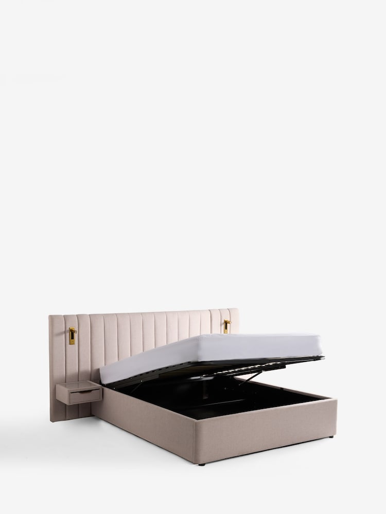 Tweedy Plain Blush Pink Mayfair Upholstered Hotel Bed Frame with Ottoman Storage Bedside Tables and Lights - Image 2 of 2