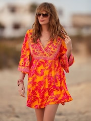Joe Browns Orange Embroidered Neckline Vibrant Print Tunic - Image 1 of 7