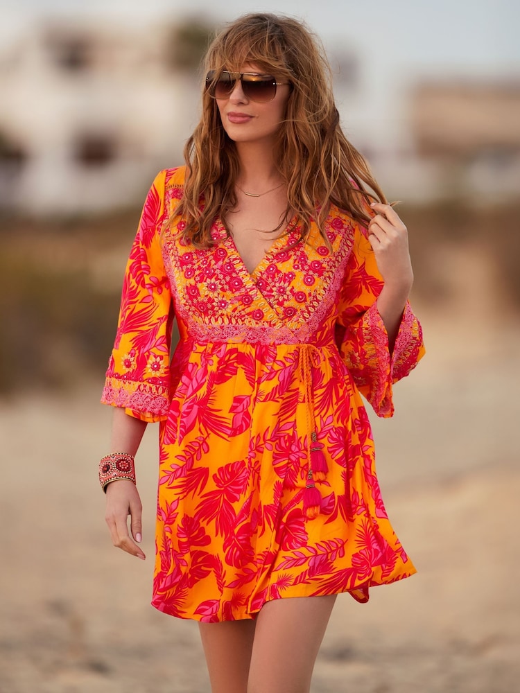 Joe Browns Orange Embroidered Neckline Vibrant Print Tunic - Image 1 of 7