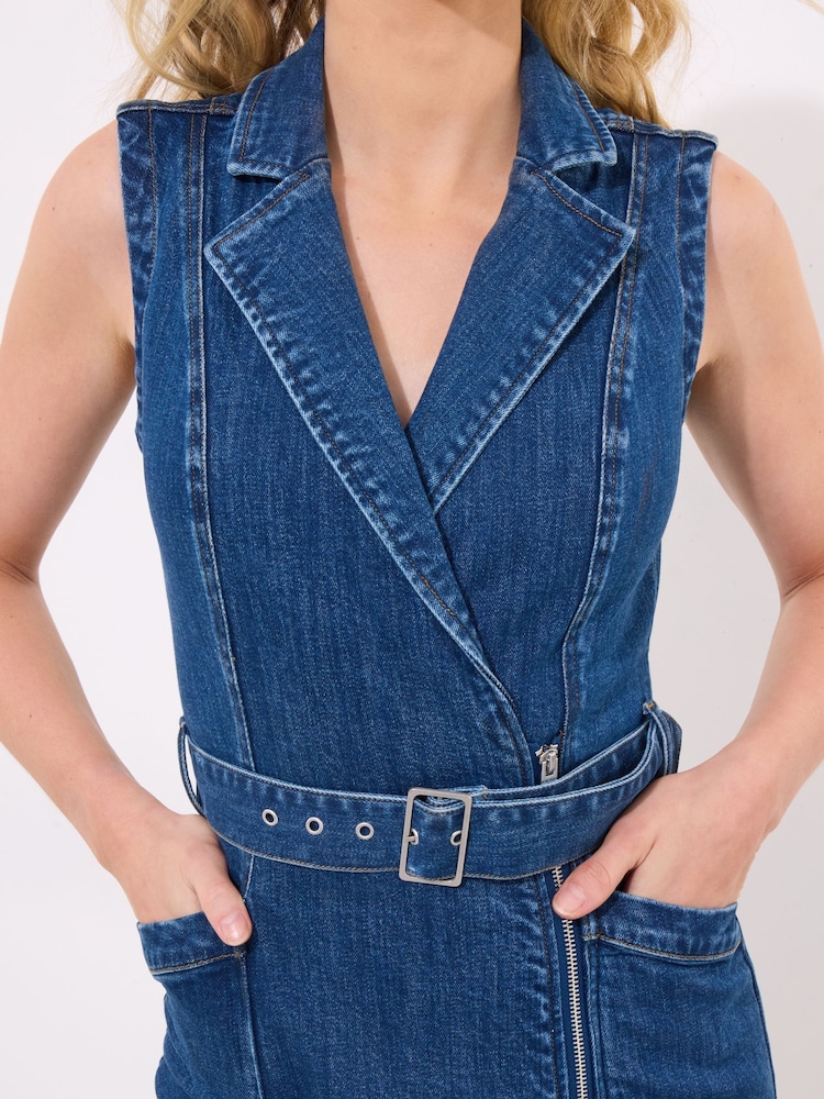 Joe Browns Blue Asymmetric Zip Belted Sleeveless Denim Dress - Image 2 of 5