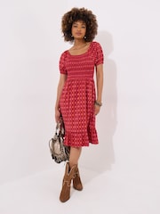 Joe Browns Red Geo Print Shirred Waist Cap Sleeve Jersey Dress - Image 1 of 5