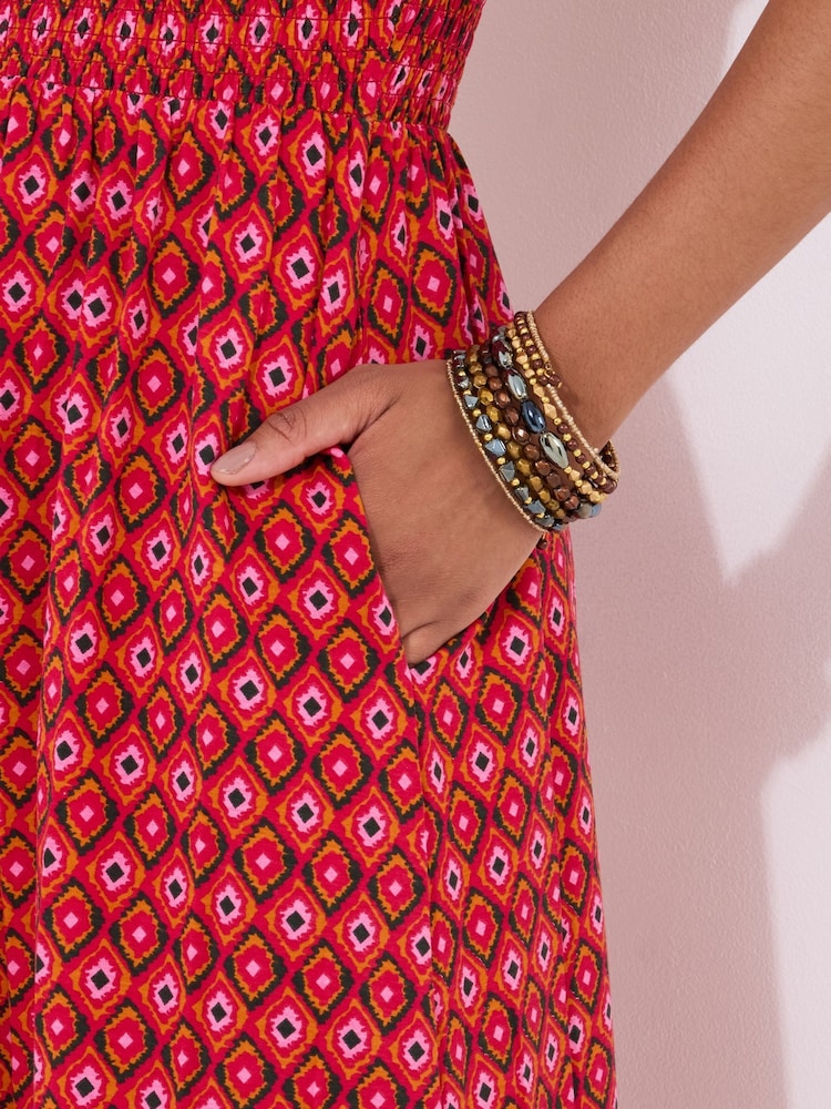 Joe Browns Red Geo Print Shirred Waist Cap Sleeve Jersey Dress - Image 2 of 5