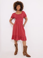 Joe Browns Red Geo Print Shirred Waist Cap Sleeve Jersey Dress - Image 3 of 5