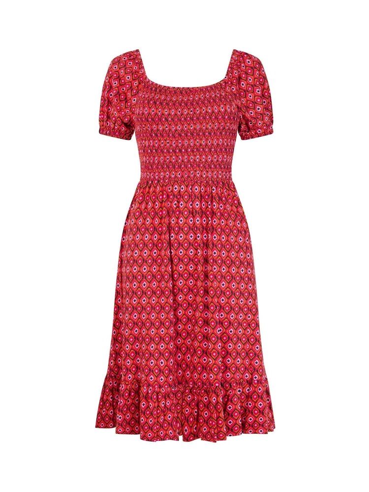 Joe Browns Red Geo Print Shirred Waist Cap Sleeve Jersey Dress - Image 5 of 5