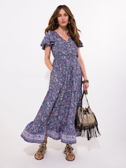 Joe Browns Blue Boho Paisley Printed Frilly Sleeve Tiered Maxi Dress - Image 1 of 5