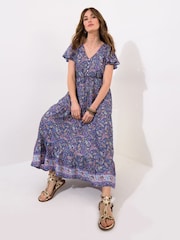Joe Browns Blue Boho Paisley Printed Frilly Sleeve Tiered Maxi Dress - Image 3 of 5